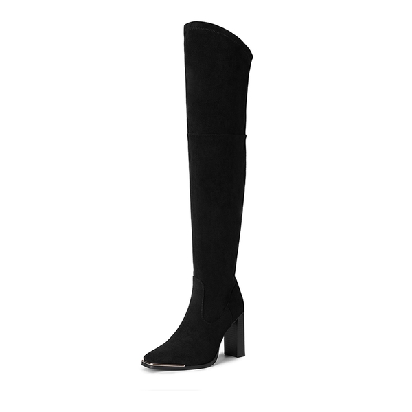 Square Toe High Heel Over The Knee Boots - BLACK SUEDE -  0